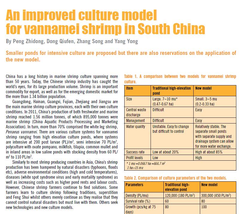 Peng Z D, Dong Q F, Zhang S, Yang Y. 2012. An improved culture model for vannamei shrimp in south China. AQUA Culture Asia Pacific Magazine, November/December: 16-19.